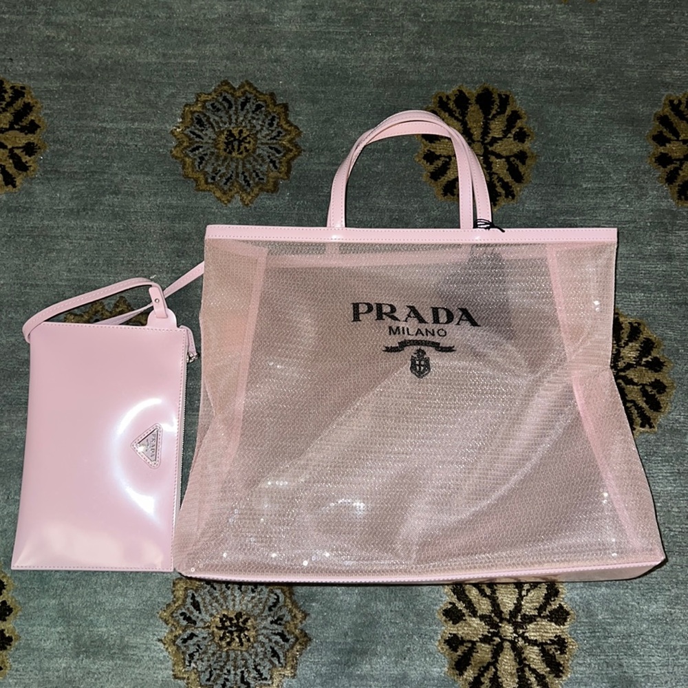 Prada pink mesh sequin tote with detachable pouch
